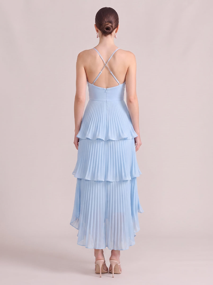 A Line Wedding Guest Dresses V Neck Tiered Chiffon Sleeveless Long Sky Blue 2026