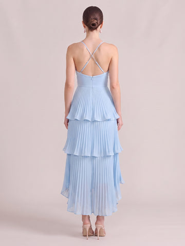 A Line Wedding Guest Dresses V Neck Tiered Chiffon Sleeveless Long Sky Blue 2026