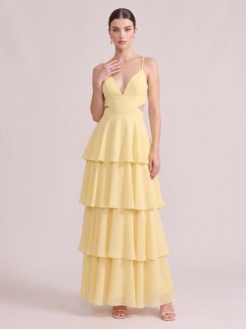 A Line Wedding Guest Dresses V Neck Tiered Chiffon Sleeveless Long Yellow 2026