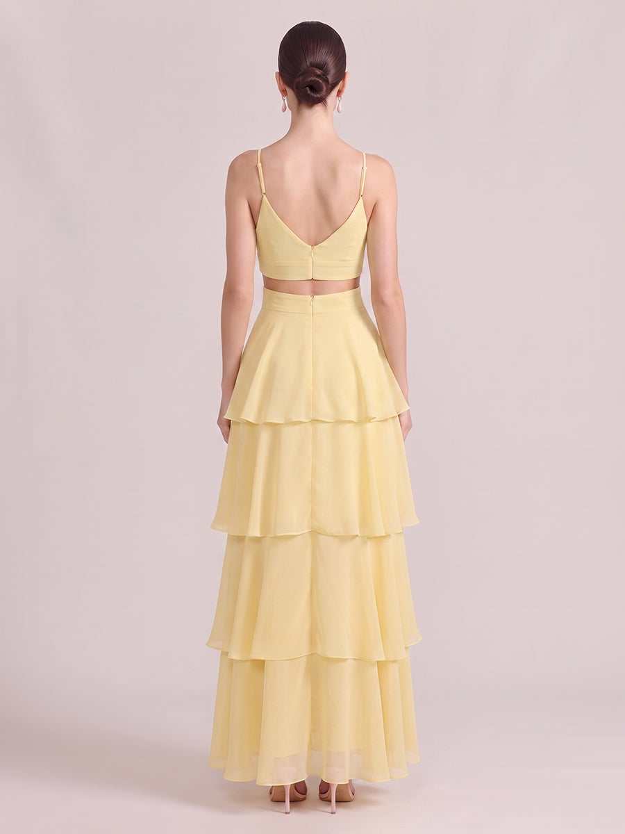 A Line Wedding Guest Dresses V Neck Tiered Chiffon Sleeveless Long Yellow 2026
