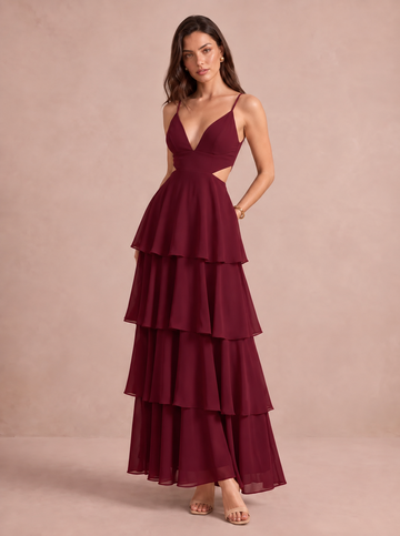 A Line Wedding Guest Dresses V Neck Tiered Chiffon Sleeveless Long  Formal Dresses Yellow 2026
