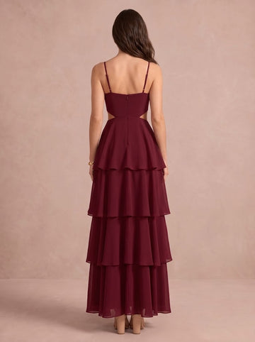 A Line Wedding Guest Dresses V Neck Tiered Chiffon Sleeveless Long  Formal Dresses Yellow 2026
