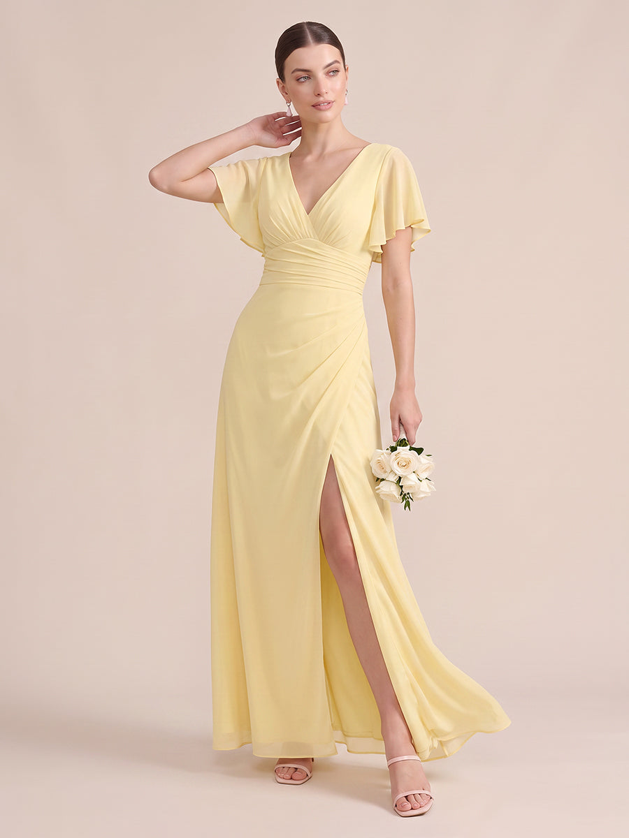 A Line Wedding Guest Dresses V Neck Chiffon Short Sleeves Yellow 2026
