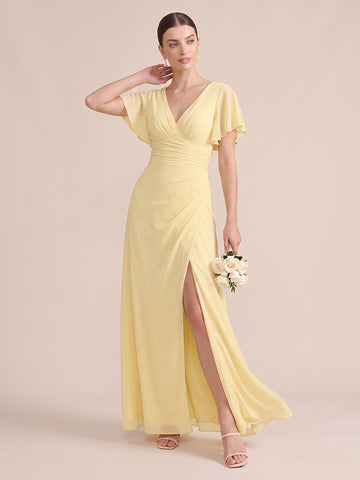 A Line Wedding Guest Dresses V Neck Chiffon Short Sleeves Yellow 2026