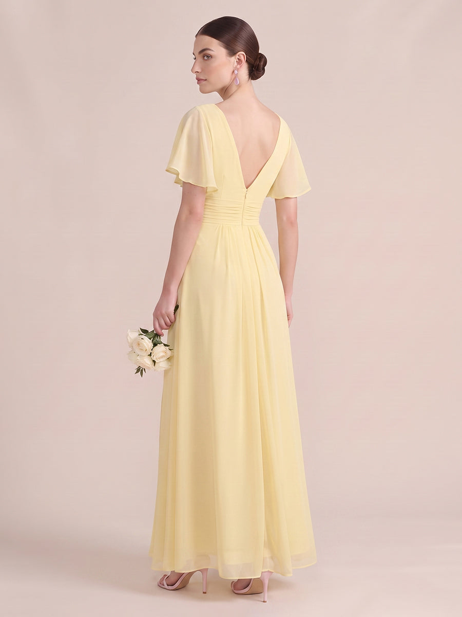 A Line Wedding Guest Dresses V Neck Chiffon Short Sleeves Yellow 2026