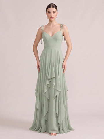 A Line Wedding Guest Dresses V Neck Chiffon Sleeveless Long Sage 2026