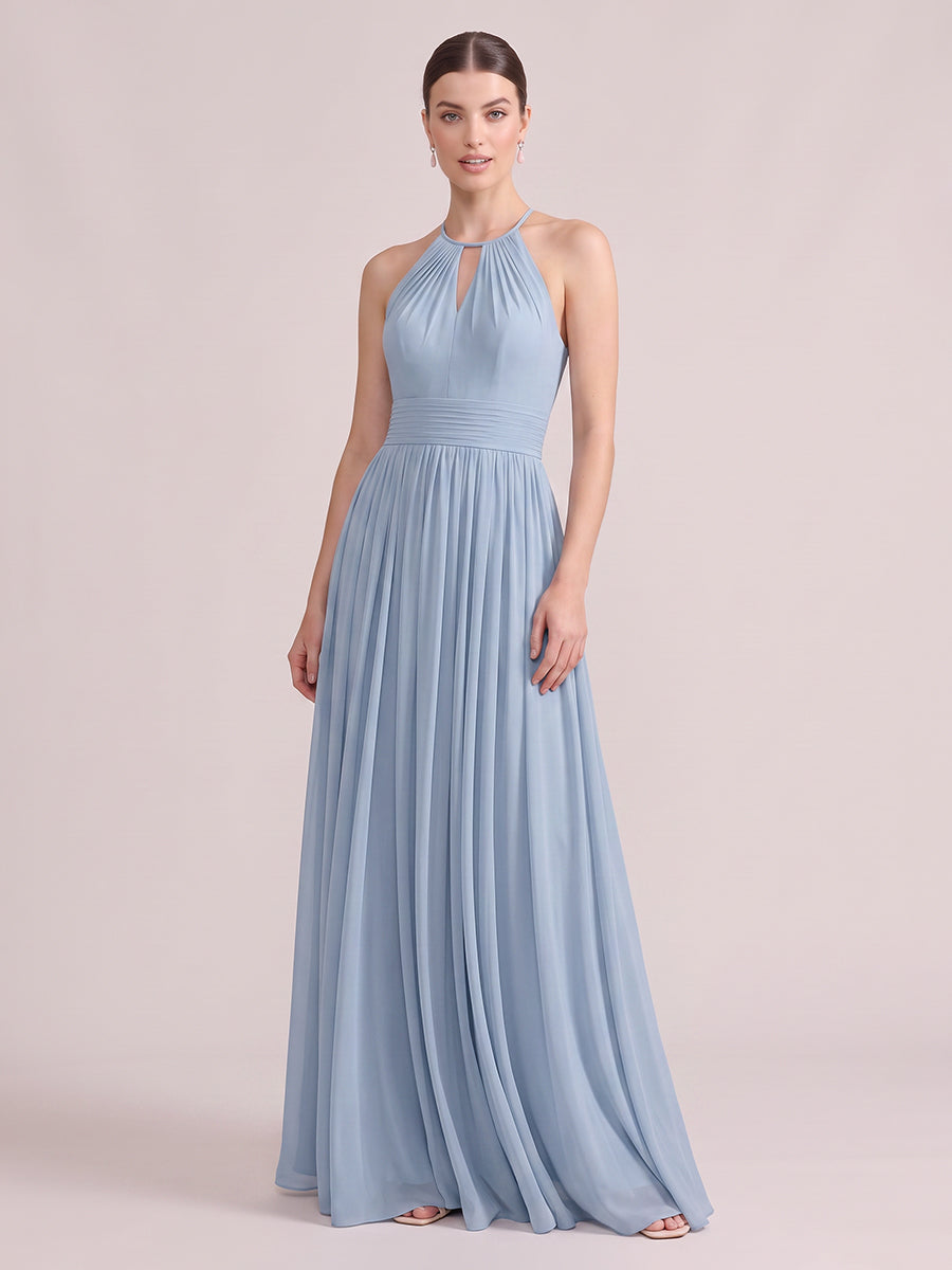 A Line Wedding Guest Dresses Halter Chiffon Sleeveless Long Dusty Blue 2026