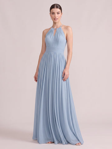 A Line Wedding Guest Dresses Halter Chiffon Sleeveless Long Dusty Blue 2026