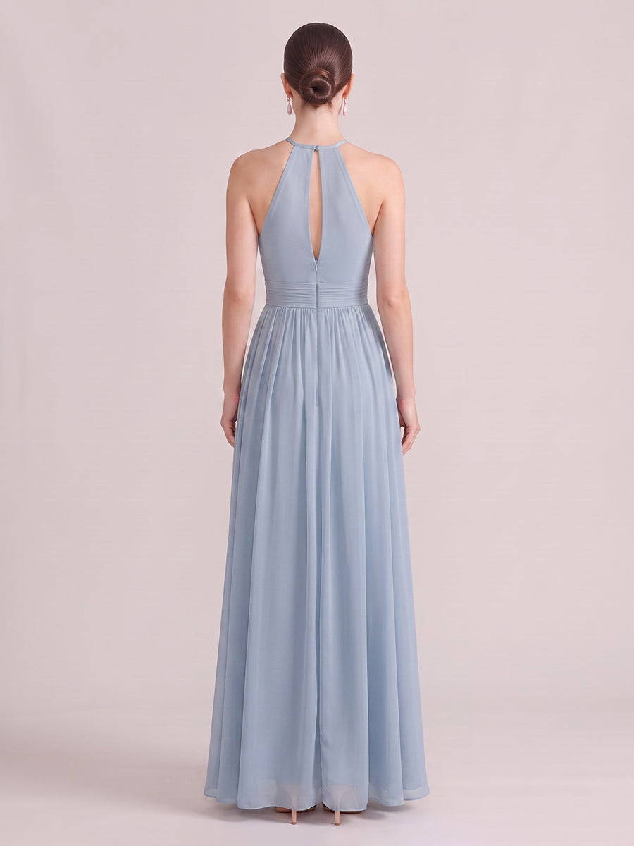 A Line Wedding Guest Dresses Halter Chiffon Sleeveless Long Dusty Blue 2026