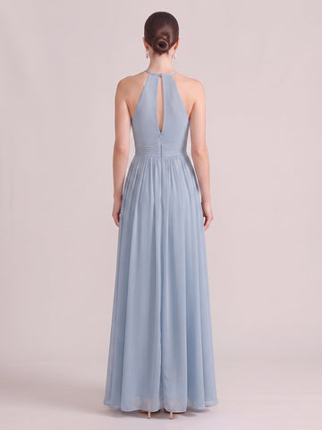 A Line Wedding Guest Dresses Halter Chiffon Sleeveless Long Dusty Blue 2026