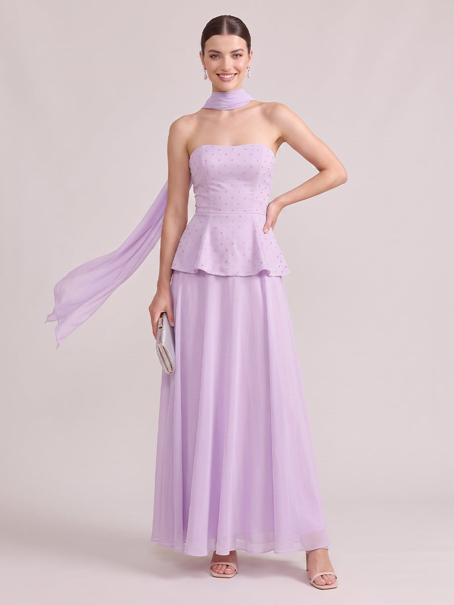 A Line Wedding Guest Dresses Strapless Chiffon Sleeveless Long Lilac 2026