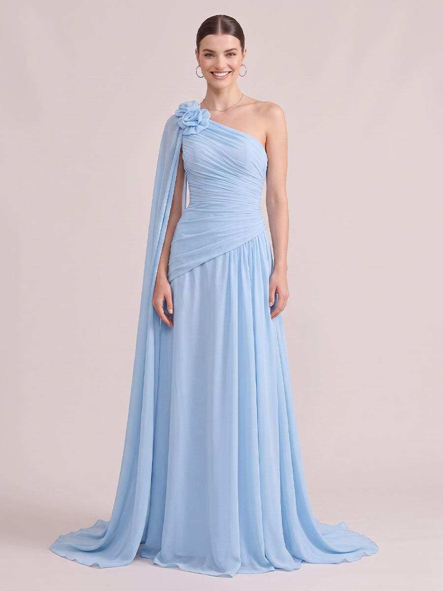 A Line Wedding Guest Dresses One Shoulder Chiffon Sleeveless Long Sky Blue 2026