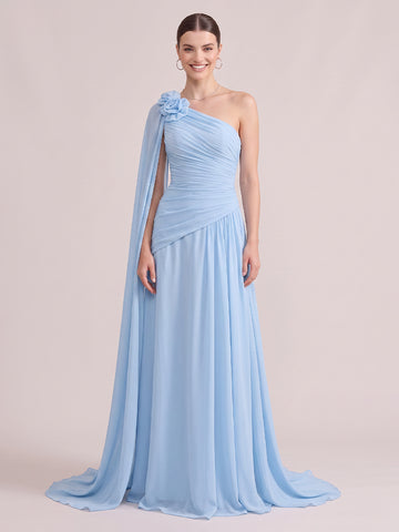A Line Wedding Guest Dresses One Shoulder Chiffon Sleeveless Long Sky Blue 2026