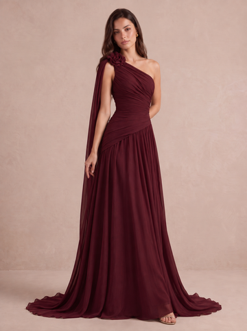 A Line Wedding Guest Dresses One Shoulder Chiffon Sleeveless Long Burgundy Formal Dresses