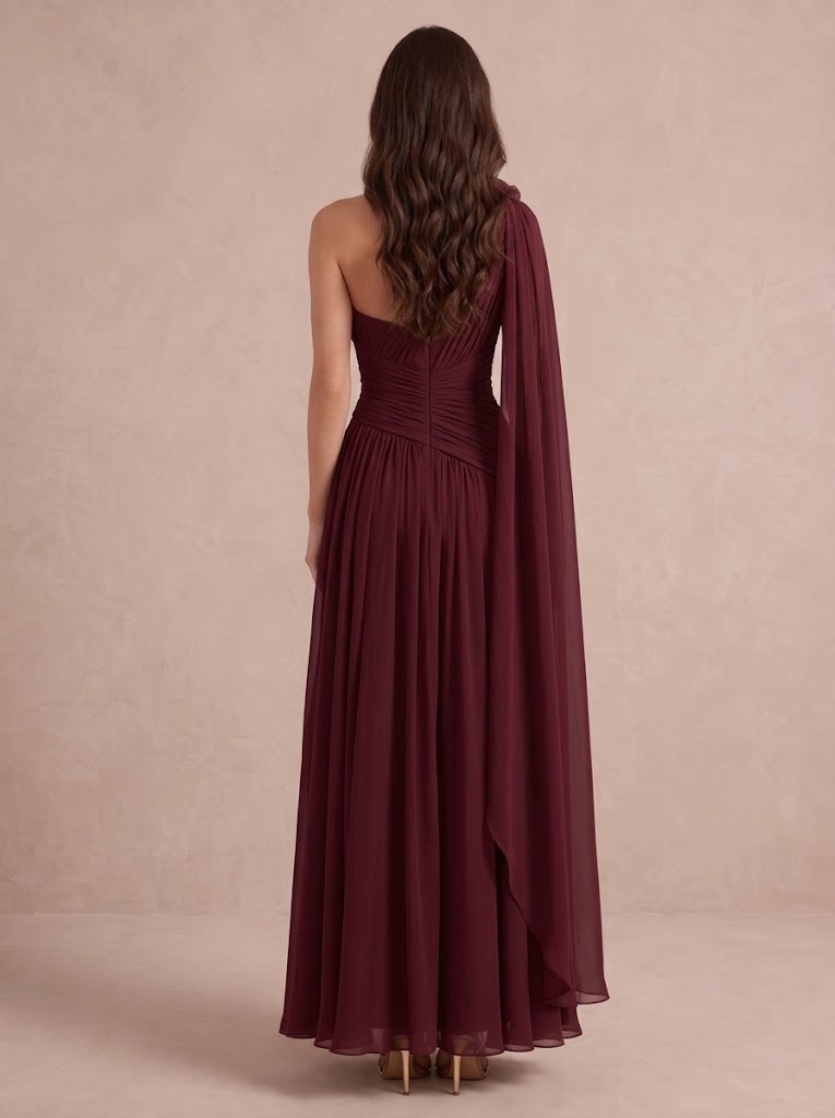 A Line Wedding Guest Dresses One Shoulder Chiffon Sleeveless Long Burgundy Formal Dresses