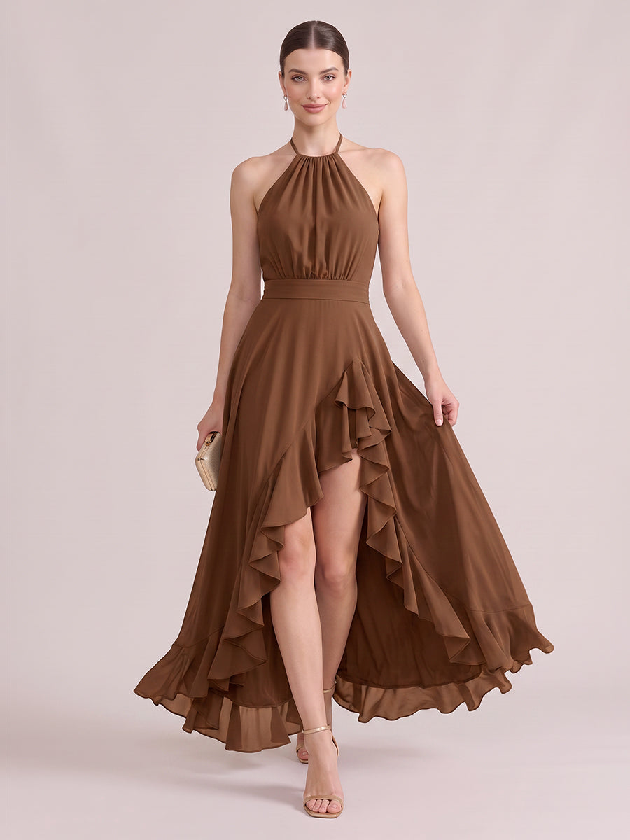 A Line Wedding Guest Dresses Halter Chiffon Sleeveless High Low Brown 2026