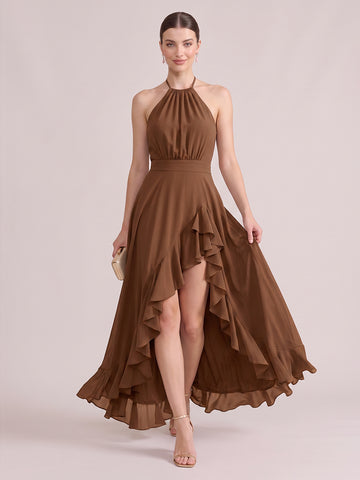 A Line Wedding Guest Dresses Halter Chiffon Sleeveless High Low Brown 2026