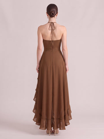 A Line Wedding Guest Dresses Halter Chiffon Sleeveless High Low Brown 2026