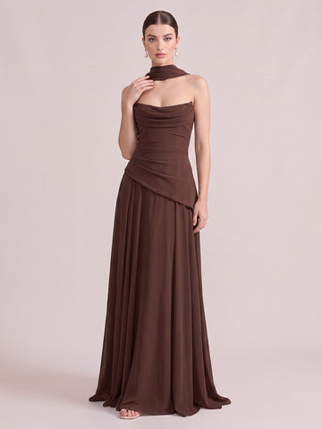 A Line Wedding Guest Dresses Strapless Chiffon Sleeveless Long Brown 2026