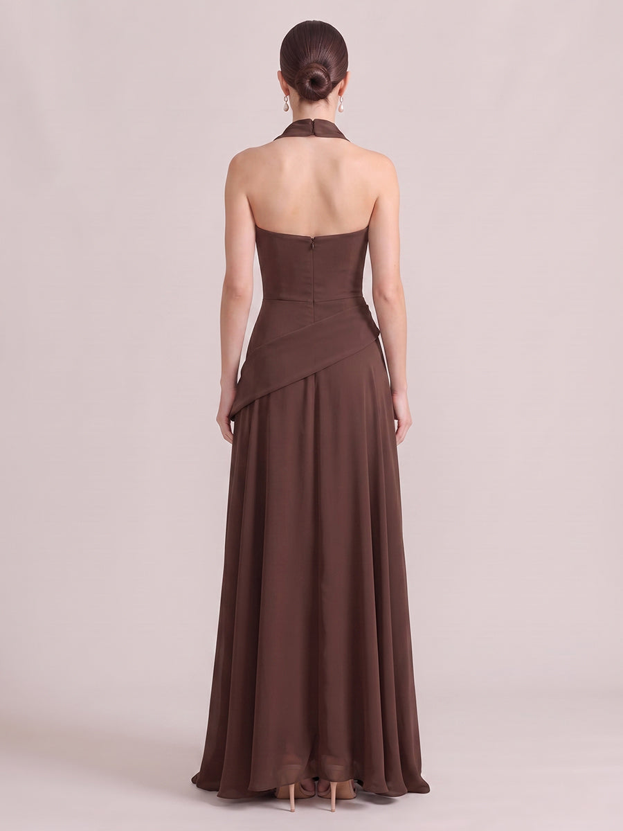 A Line Wedding Guest Dresses Strapless Chiffon Sleeveless Long Brown 2026
