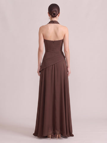 A Line Wedding Guest Dresses Strapless Chiffon Sleeveless Long Brown 2026