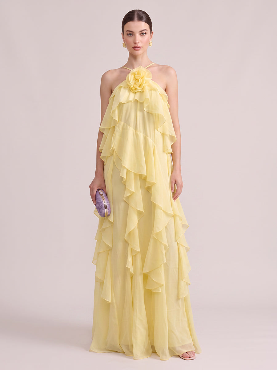 A Line Wedding Guest Dresses Halter Chiffon Sleeveless Long Yellow 2026