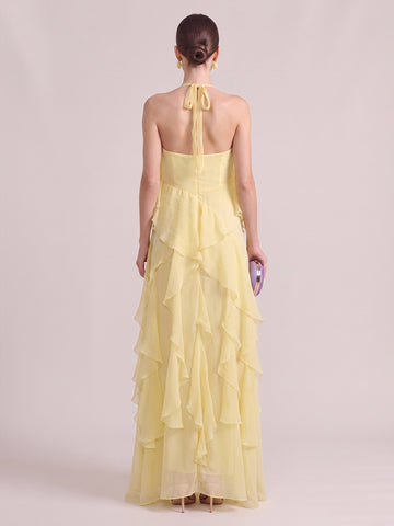 A Line Wedding Guest Dresses Halter Chiffon Sleeveless Long Yellow 2026