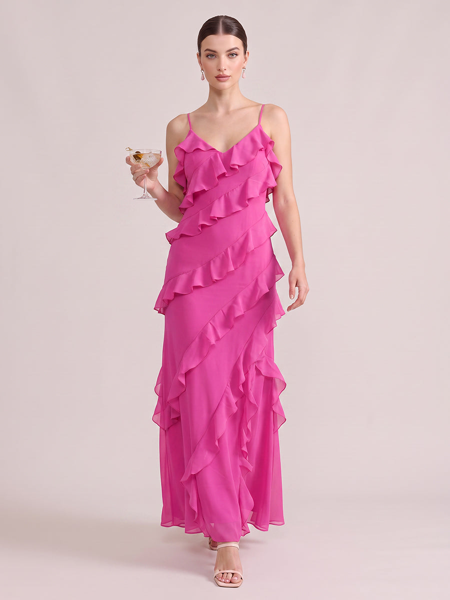 A Line Wedding Guest Dresses V Neck Chiffon Sleeveless Long Fuchsia 2026