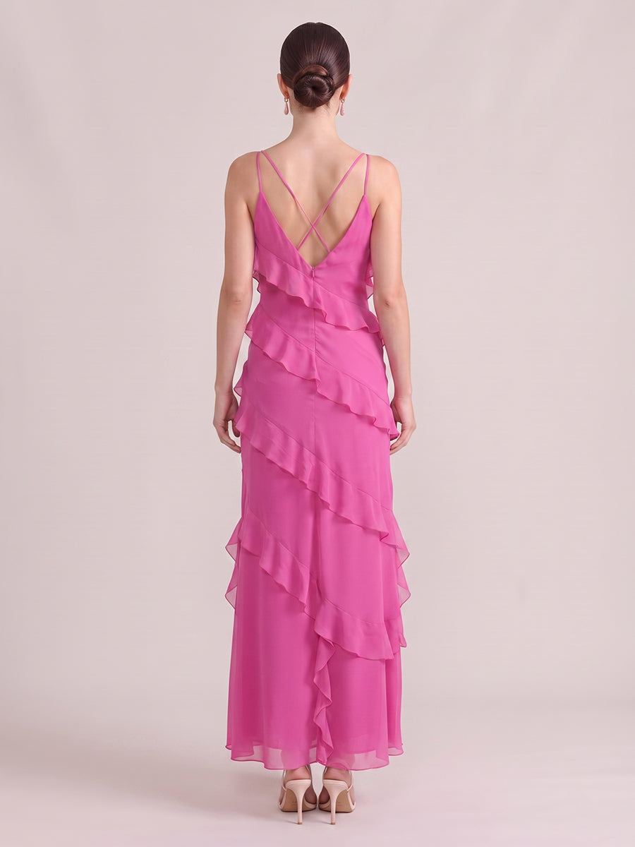A Line Wedding Guest Dresses V Neck Chiffon Sleeveless Long Fuchsia 2026