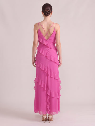 A Line Wedding Guest Dresses V Neck Chiffon Sleeveless Long Fuchsia 2026
