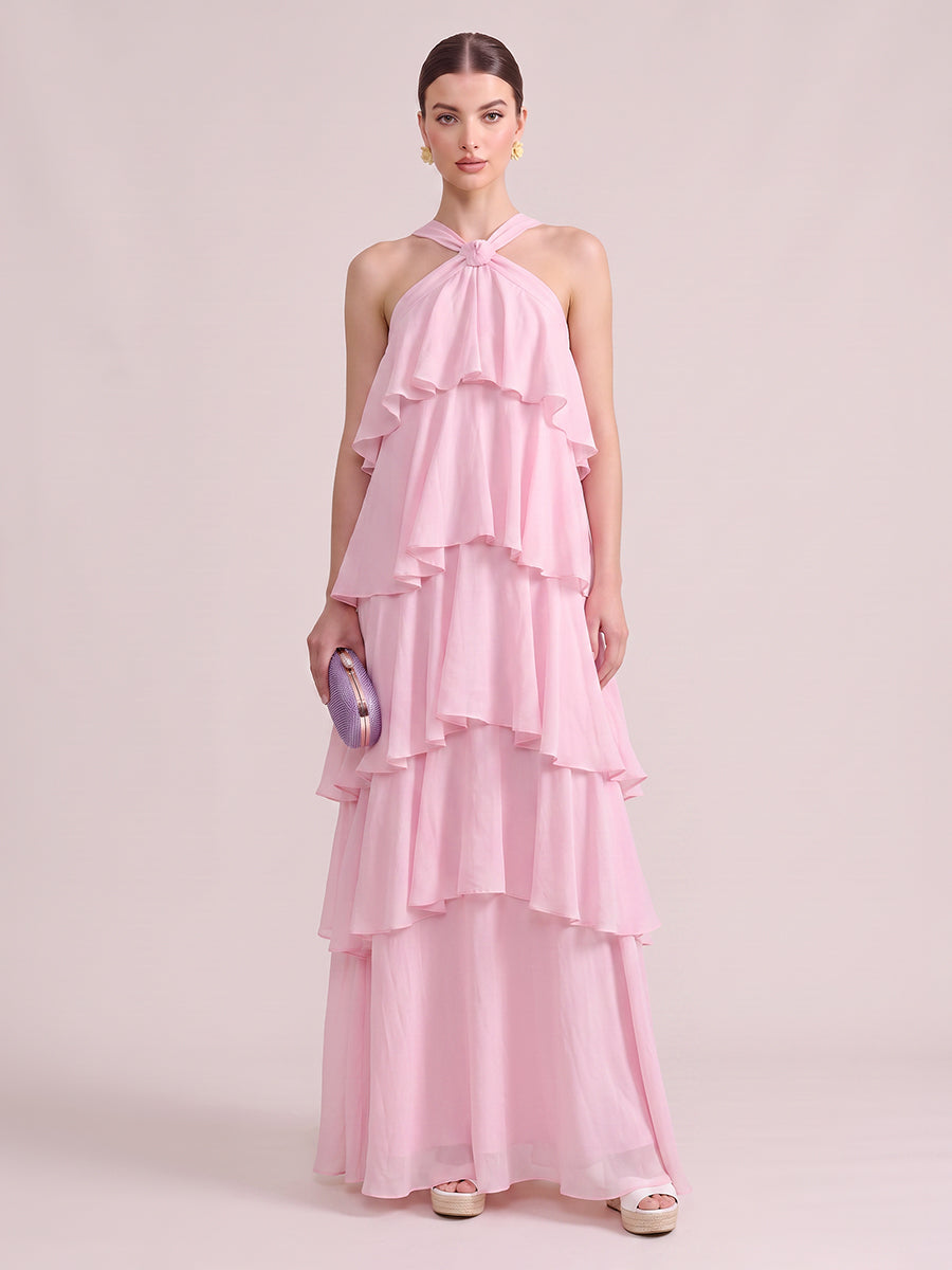 A Line Wedding Guest Dresses Tiered Halter Chiffon Sleeveless Long Pink 2026
