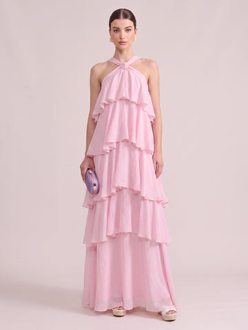 A Line Wedding Guest Dresses Tiered Halter Chiffon Sleeveless Long Pink 2026