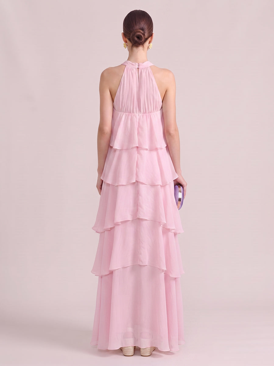 A Line Wedding Guest Dresses Tiered Halter Chiffon Sleeveless Long Pink 2026