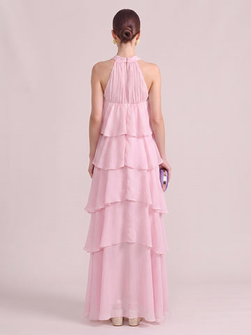 A Line Wedding Guest Dresses Tiered Halter Chiffon Sleeveless Long Pink 2026