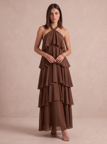A Line Wedding Guest Dresses Tiered Halter Chiffon Sleeveless Long Brown Formal Dresses