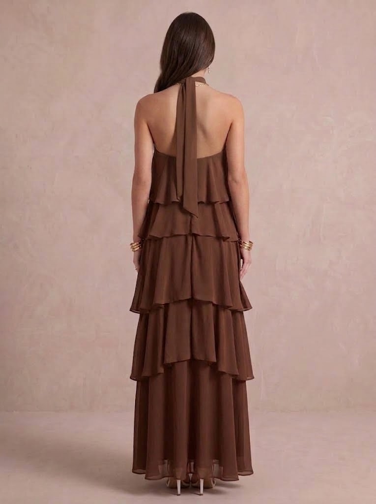 A Line Wedding Guest Dresses Tiered Halter Chiffon Sleeveless Long Brown Formal Dresses