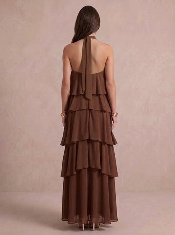 A Line Wedding Guest Dresses Tiered Halter Chiffon Sleeveless Long Brown Formal Dresses