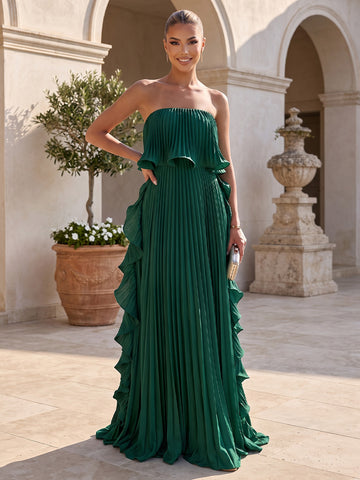 A Line Wedding Guest Dresses Ruffles Pleated Strapless Chiffon Sleeveless Long Yellow 2026