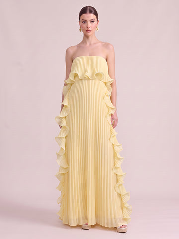 A Line Wedding Guest Dresses Ruffles Pleated Strapless Chiffon Sleeveless Long Yellow 2026