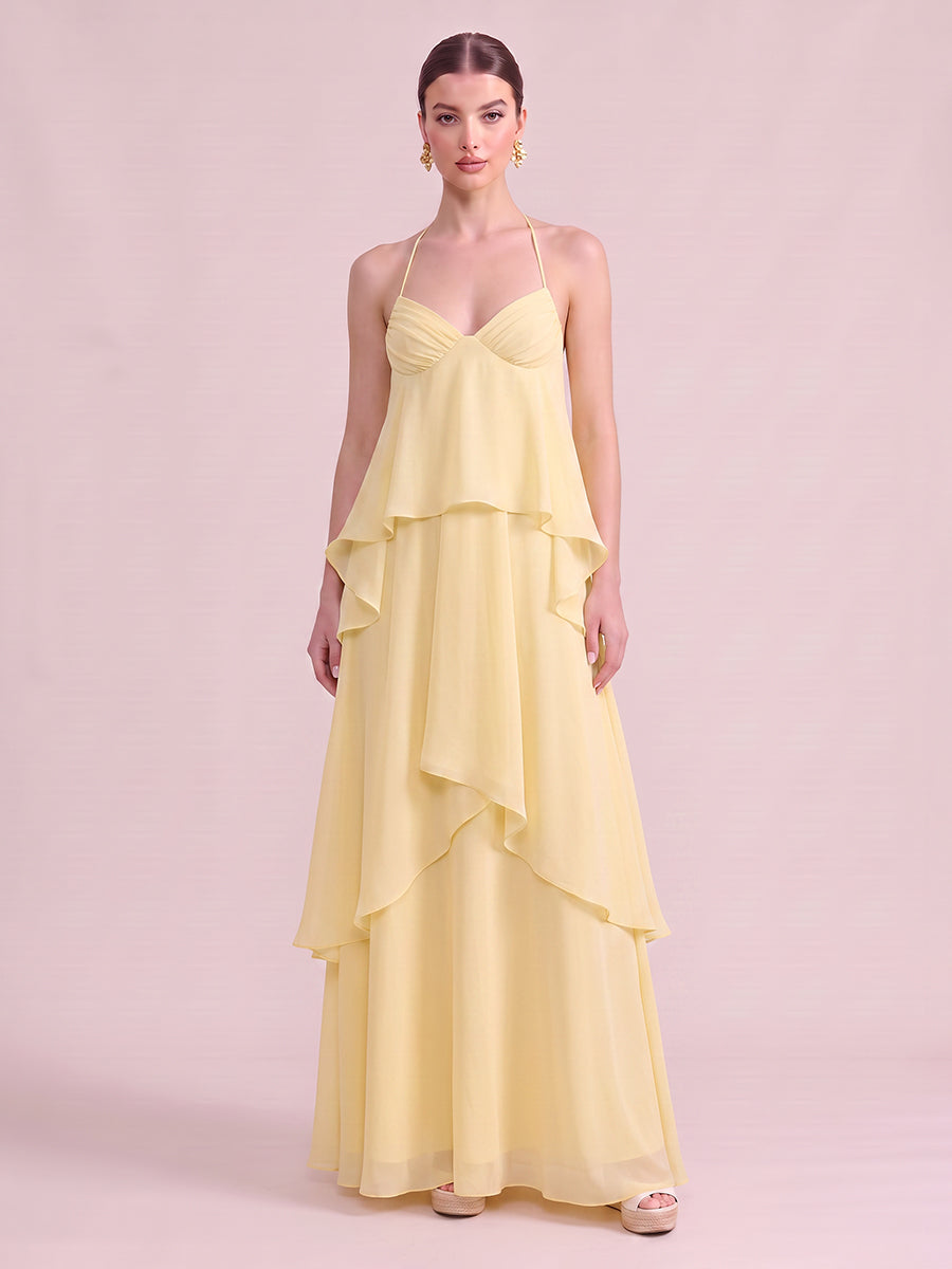 A Line Wedding Guest Dresses Tiered Halter Chiffon Sleeveless Long Yellow 2026