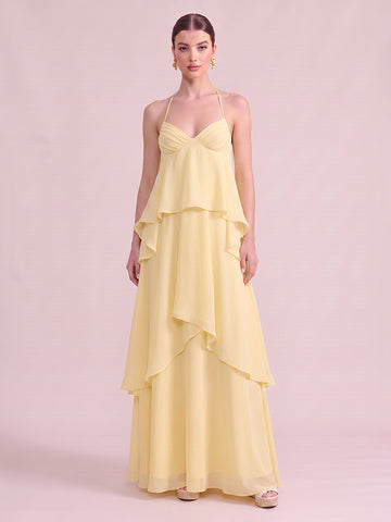A Line Wedding Guest Dresses Tiered Halter Chiffon Sleeveless Long Yellow 2026