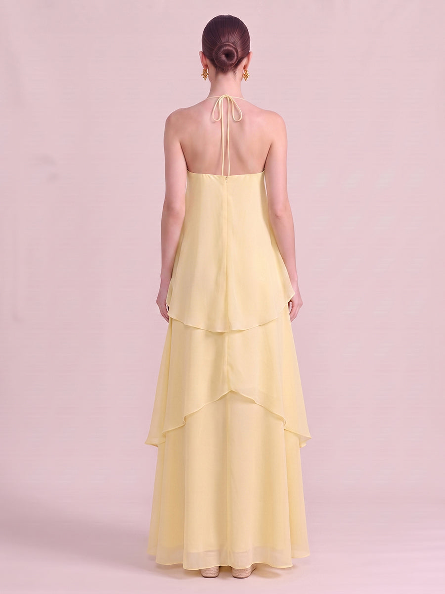 A Line Wedding Guest Dresses Tiered Halter Chiffon Sleeveless Long Yellow 2026