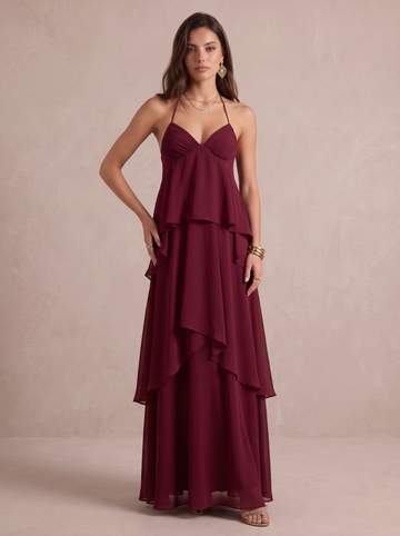 A Line Wedding Guest Dresses Tiered Halter Chiffon Burgundy Evening Dresses