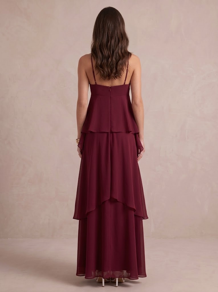 A Line Wedding Guest Dresses Tiered Halter Chiffon Burgundy Evening Dresses