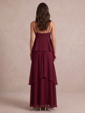 A Line Wedding Guest Dresses Tiered Halter Chiffon Burgundy Evening Dresses