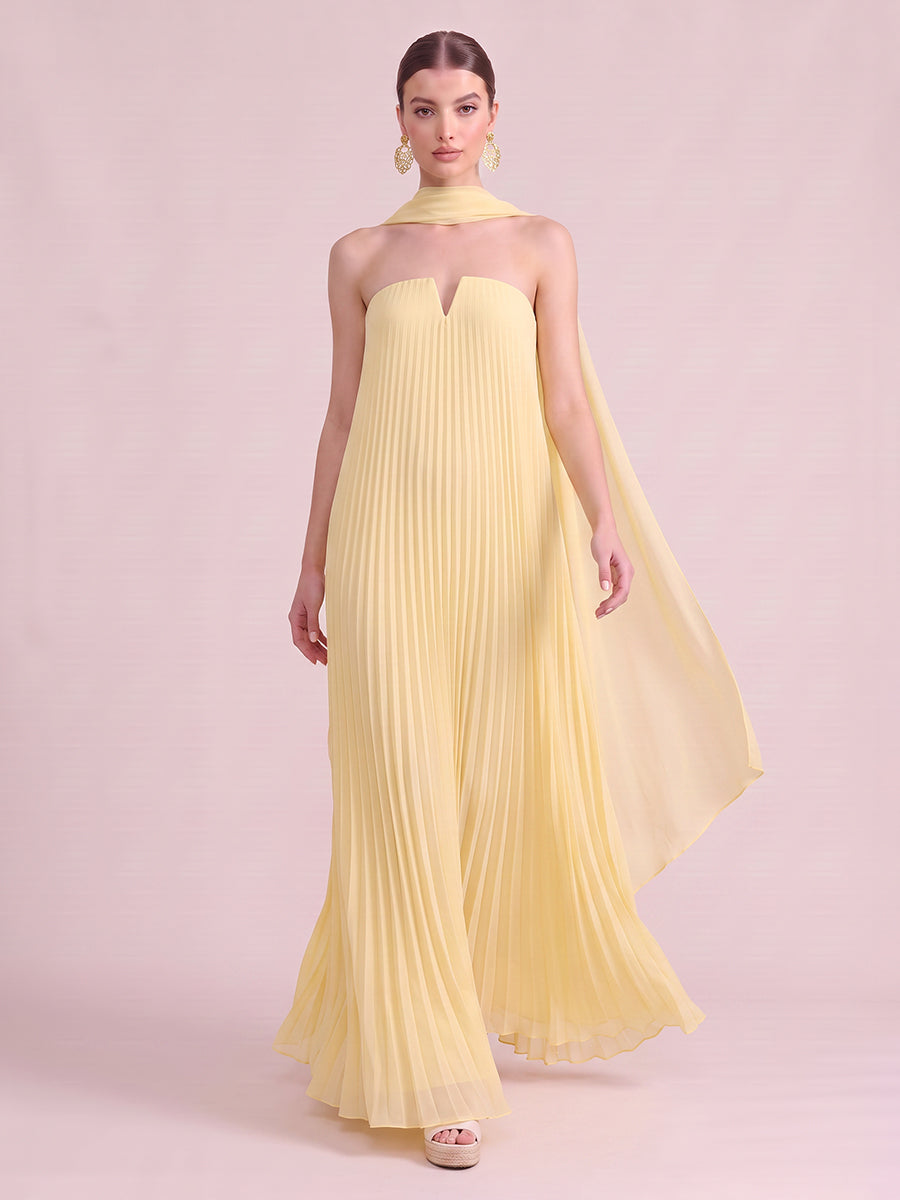 A Line Wedding Guest Dresses with Scarf Strapless Chiffon Sleeveless Long Yellow 2026
