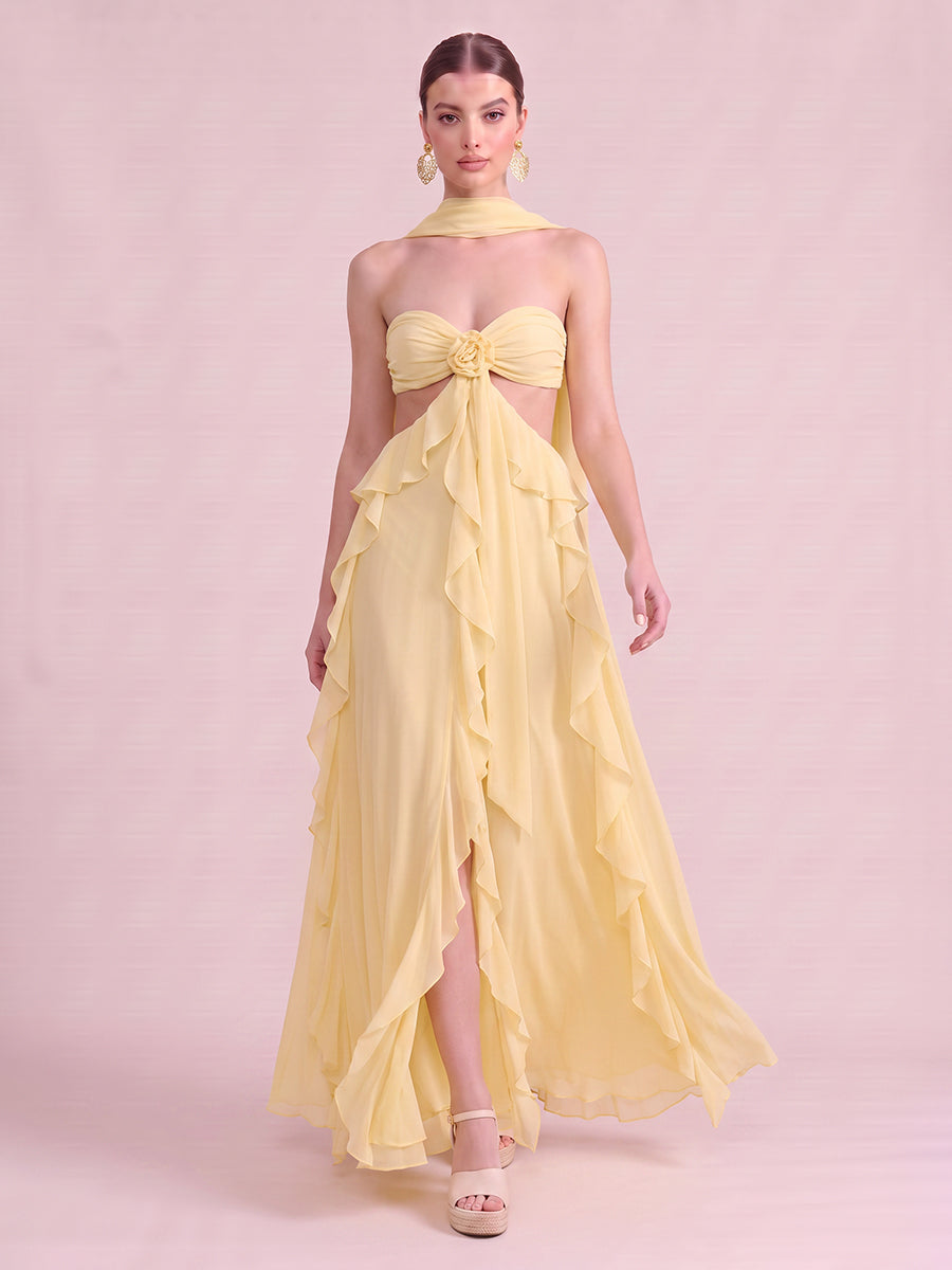 A Line Wedding Guest Dresses with Scarf Ruffles Strapless Chiffon Sleeveless Long Yellow 2026