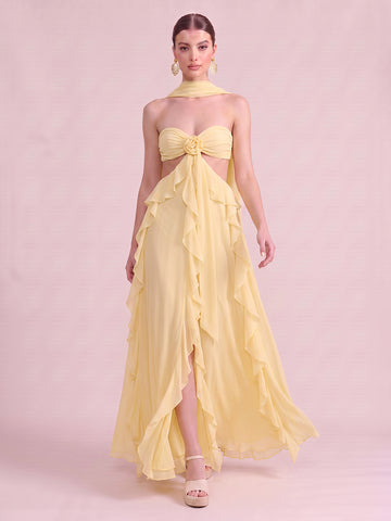 A Line Wedding Guest Dresses with Scarf Ruffles Strapless Chiffon Sleeveless Long Yellow 2026