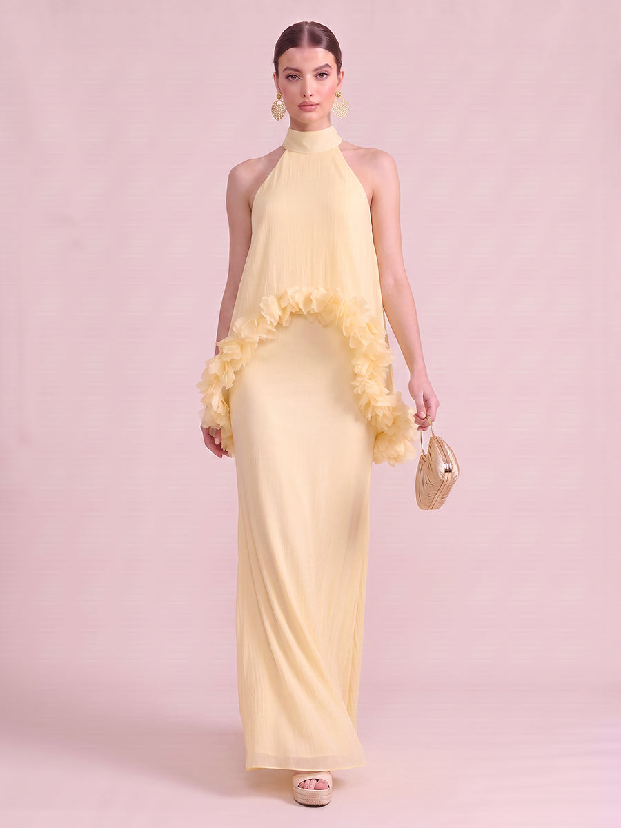A Line Wedding Guest Dresses High Neck Chiffon Sleeveless Long Yellow 2026