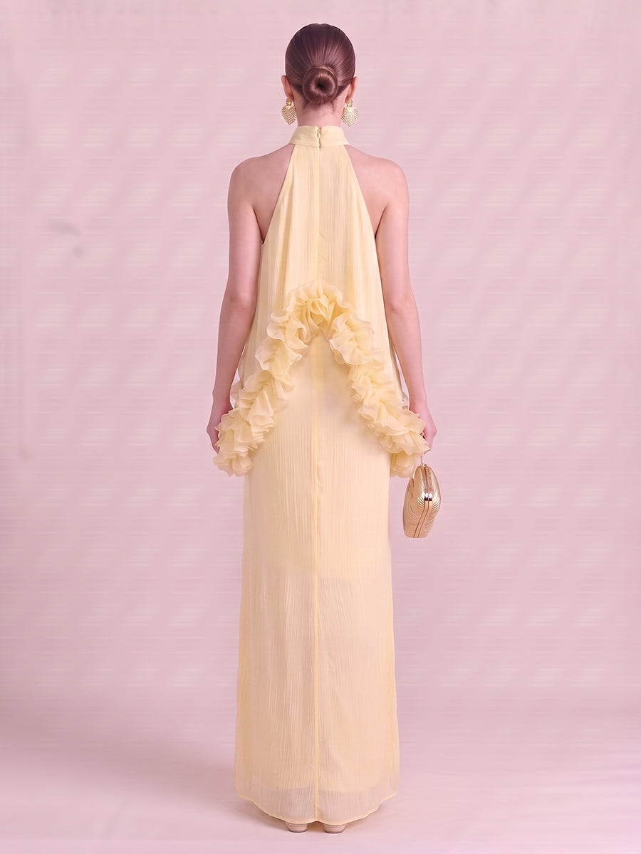 A Line Wedding Guest Dresses High Neck Chiffon Sleeveless Long Yellow 2026